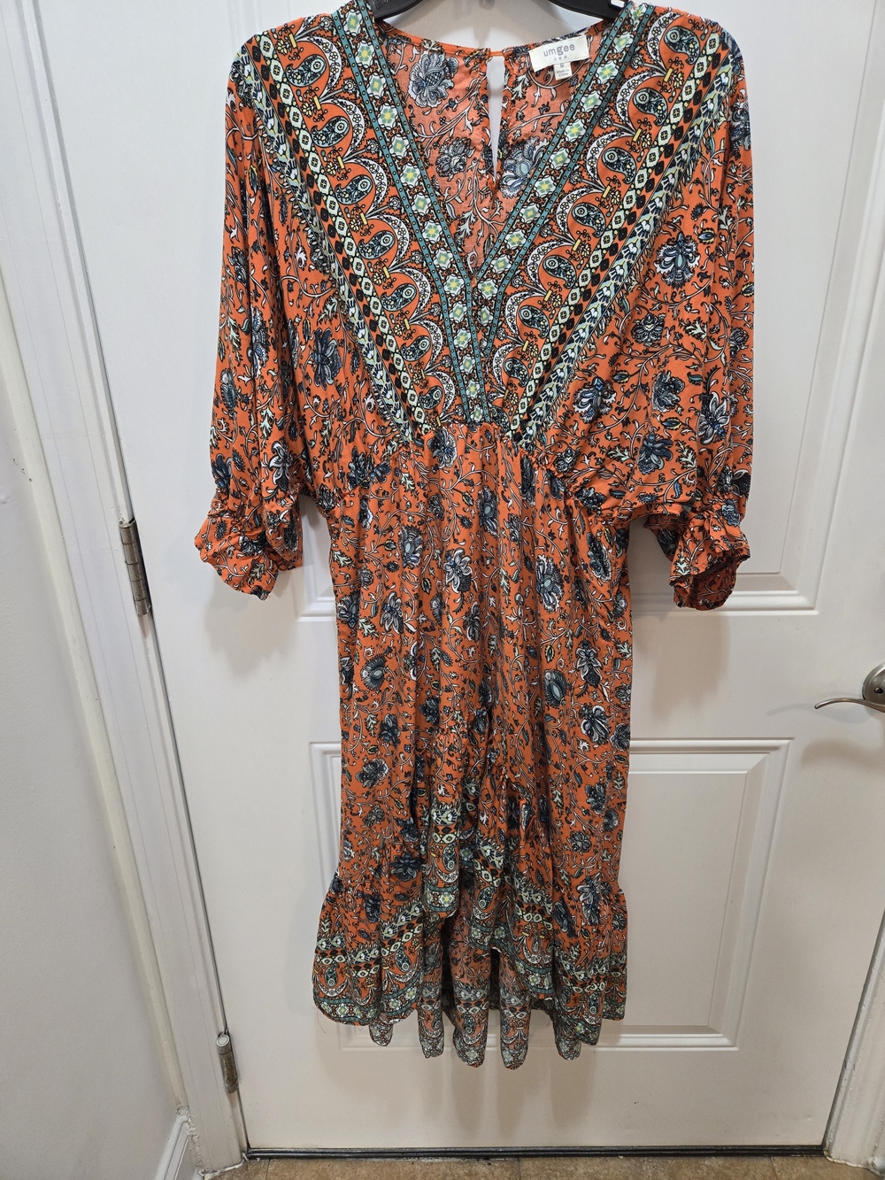Umgee Orange Floral V-Neck Midi Dress